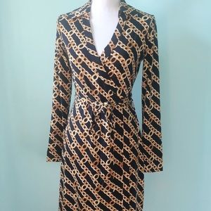 NWOT Calvin Klein Navy and Gold Chain Wrap Dress 6